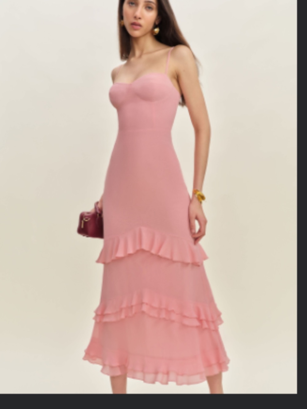 Reformation Pink Spaghetti-Strap Ruffle Midi Dress